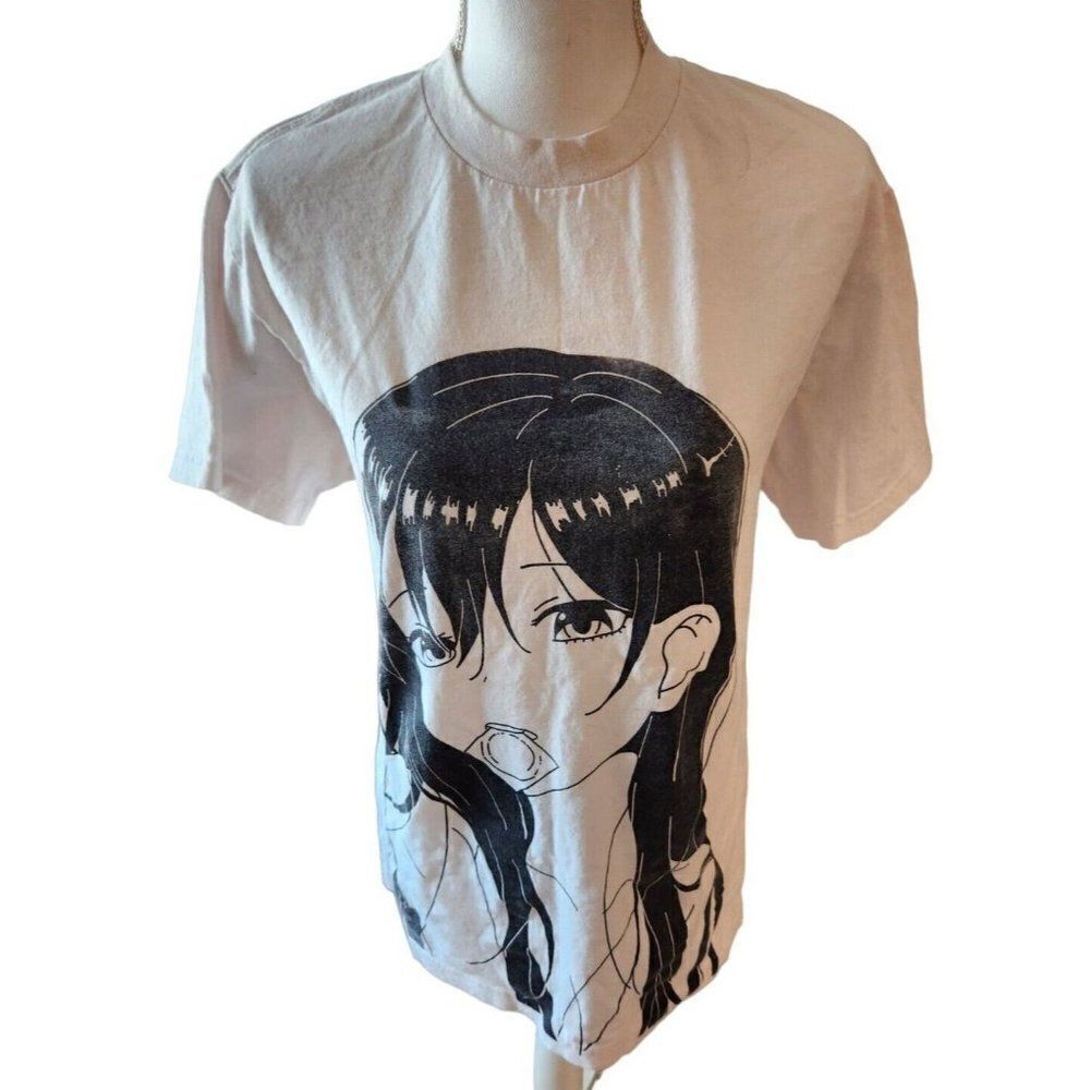 Anime Girl Graphic White Black T-Shirt M